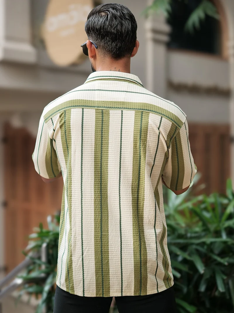 Maniac  Maniac Mens Miami Vertical Stripe Collared Neck Half Sleeve Cream and Green Shirt for Men | Best Price UAE